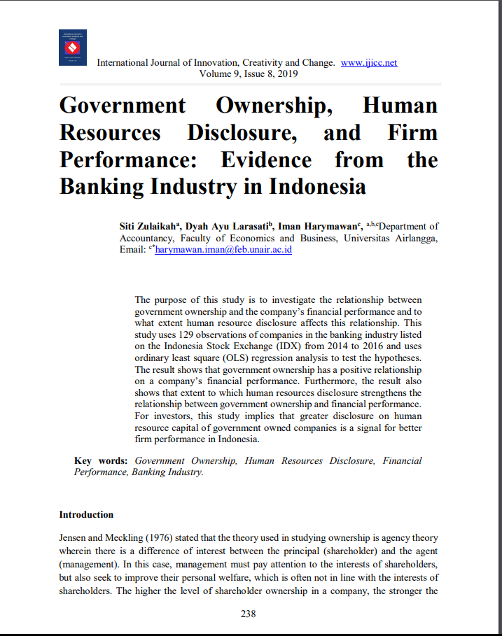 119 Government Ownership, Human Resources Disclosure, and Firm Performance: Evidence from the Banking Industry in Indonesia