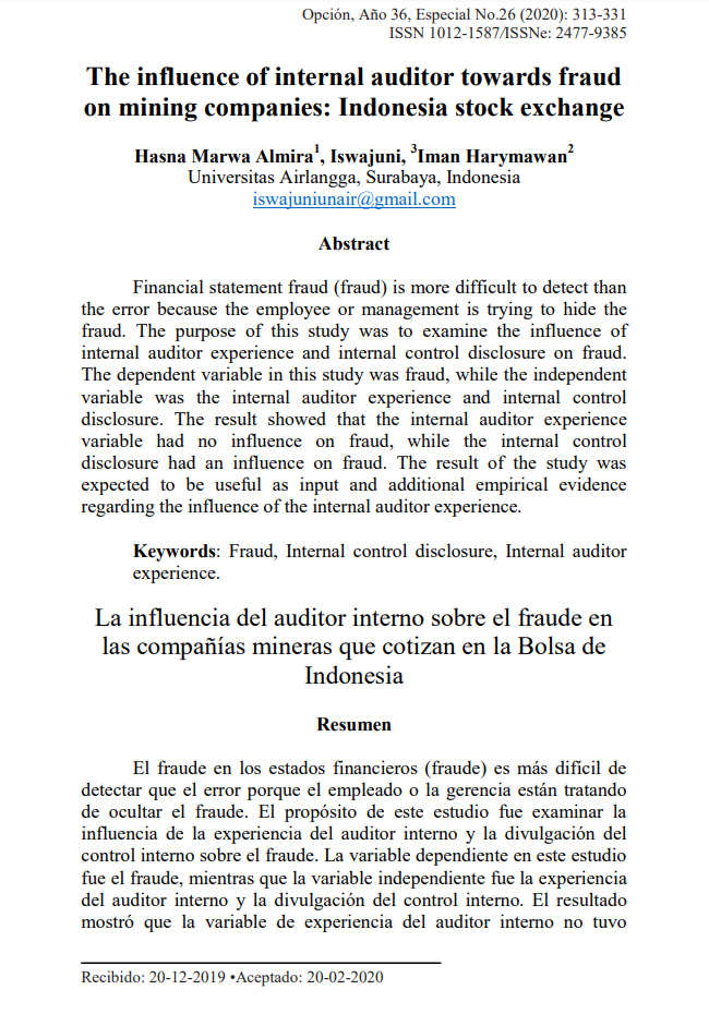 121 The influence of internal auditor towards fraud on mining companies: Indonesia stock exchange