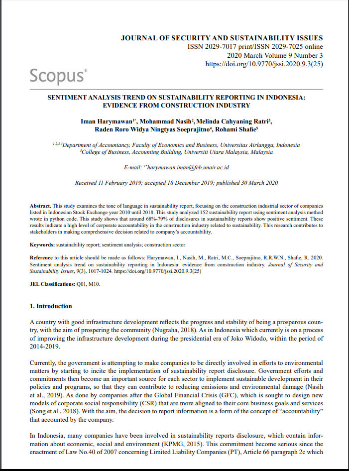 122 Sentiment Analysis Trend On Sustainability Reporting In Indonesia: Evidence From Construction Industry