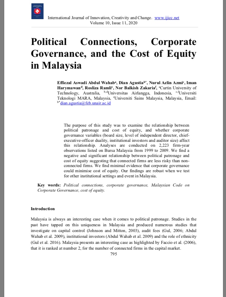 13 Political Connections, Corporate Governance, and the Cost of Equity in Malaysia