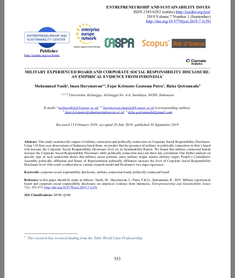14 Military Experienced Board And Corporate Social Responsibility Disclosure: An Empirical Evidence From Indonesia