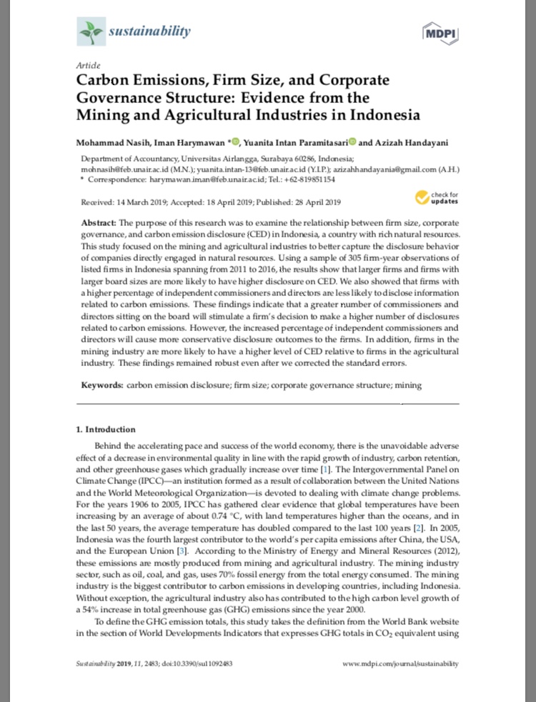 15 Carbon Emissions, Firm Size, and Corporate Governance Structure: Evidence from the Mining and Agricultural Industries in Indonesia
