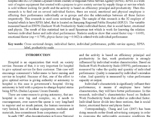 An Analysis of Individual and Performance Factor Relation on Public Hospital Employee